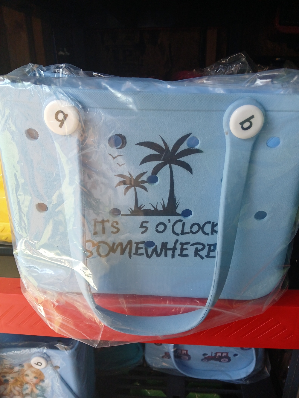 Light Blue Beach Tote Bag "It's 5 O'Clock Somewhere"Small size - bogg like bag